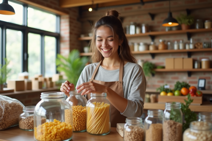 Jeune femme souriante achetant en épicerie zéro déchet