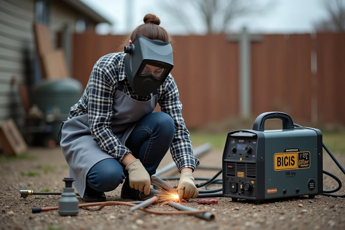 Femme soudeuse à l'extérieur avec un poste Parkside fil fourré et une bouteille de gaz CO2