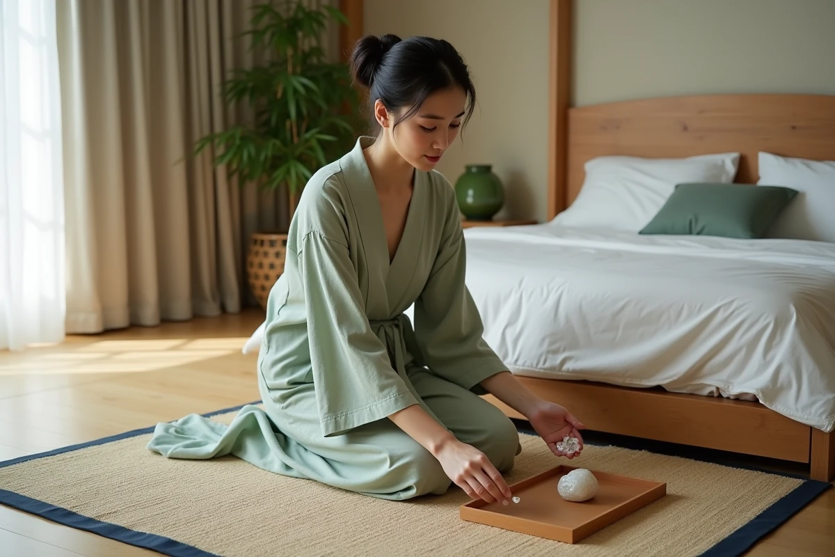 Femme en kimono sage disposant des éléments feng shui sur un tapis japonisant dans une chambre minimaliste