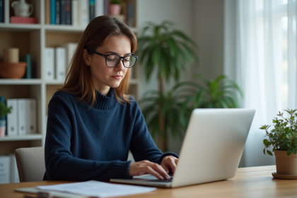 Jeune femme en bureau à la maison utilisant un ordinateur pour saisir un mot de passe