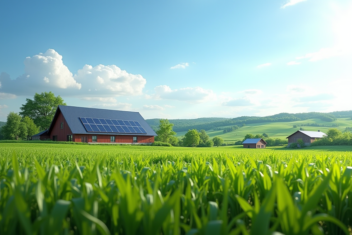 Ferme écologique moderne avec panneaux solaires et champs verts