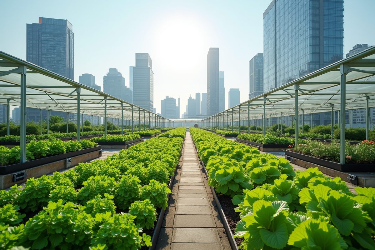 Ferme urbaine sur un toit avec jardins et bâtiments en arrière-plan
