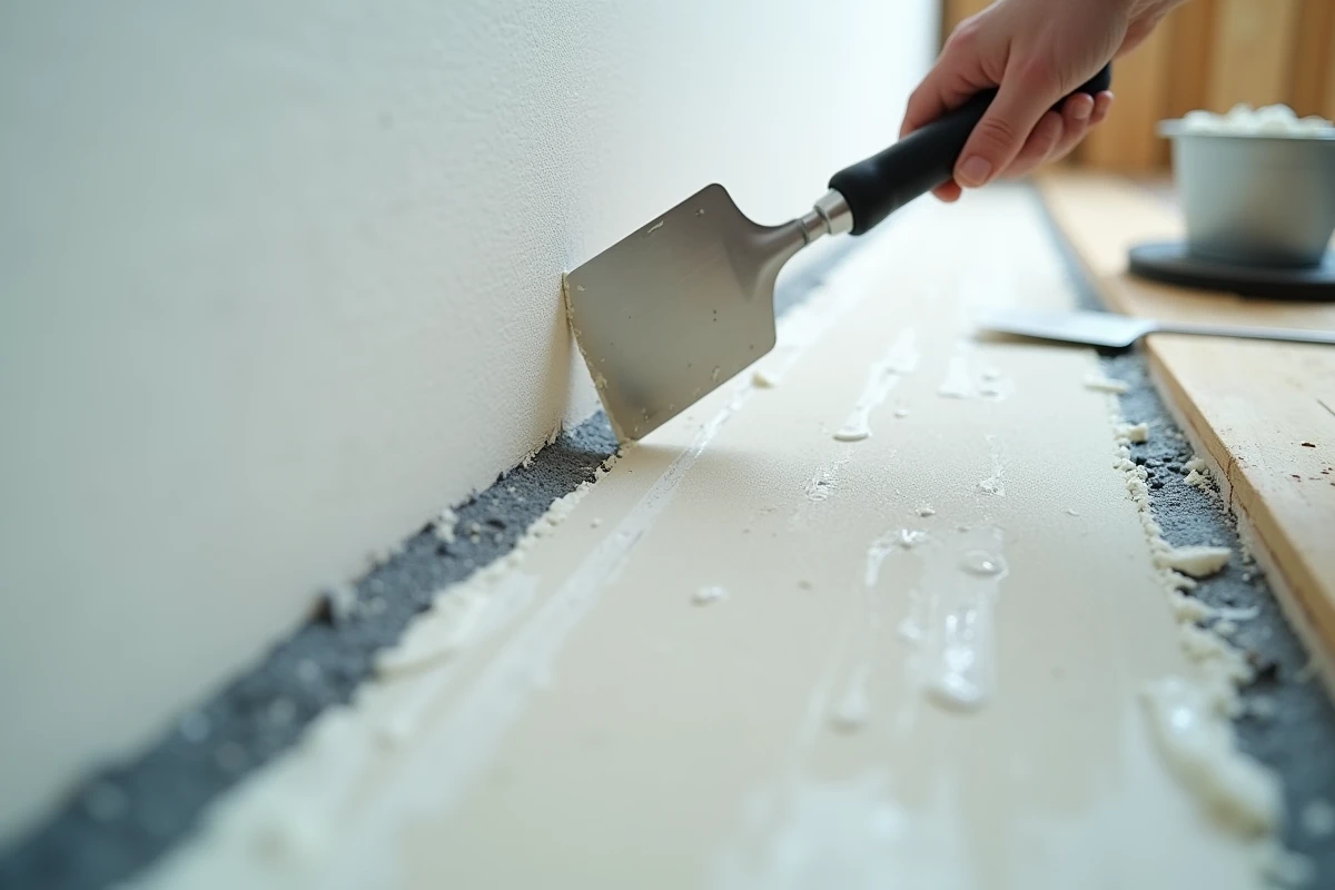 Finition de joint sur un placo isolant thermique avec enduit lissé et bande à joint sur mur intérieur