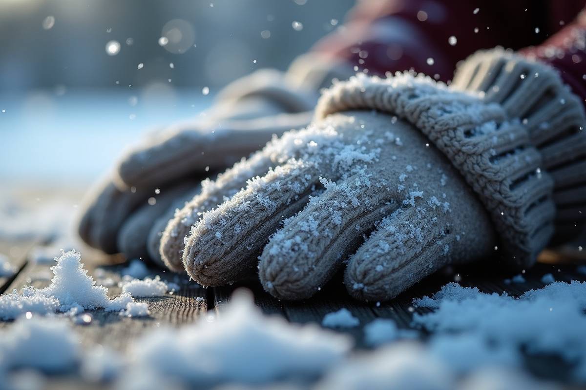 Gros plan sur flocons de neige et cristaux de glace sur surface en bois