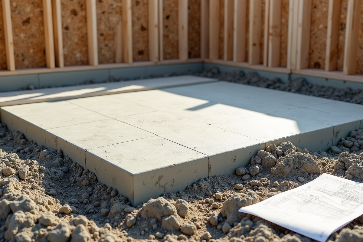 Fondation en beton fraichement coulee avec plan et coffrage