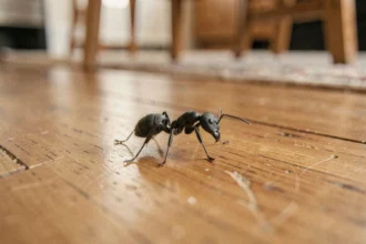Fourmi noire marchant sur un plancher en bois dans une maison, symbolisme spirituel des fourmis à l'intérieur du foyer