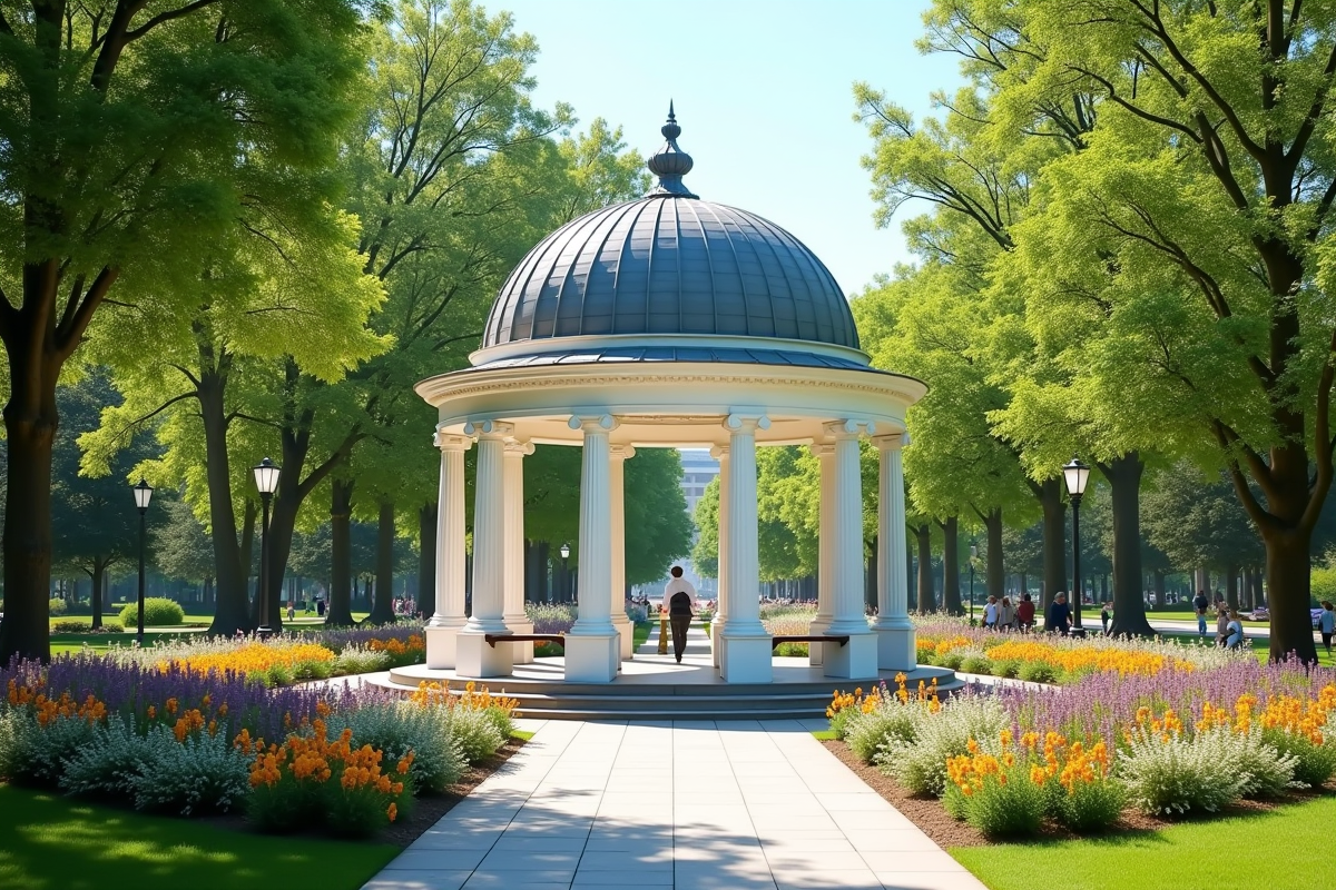 Gloriette blanche dans un parc avec fleurs et arbres