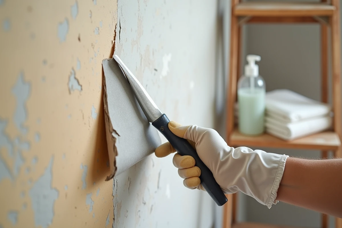 Gros plan sur le décollement d'un ancien papier peint avec une spatule et de l'eau avant la pose d'un papier intissé moderne
