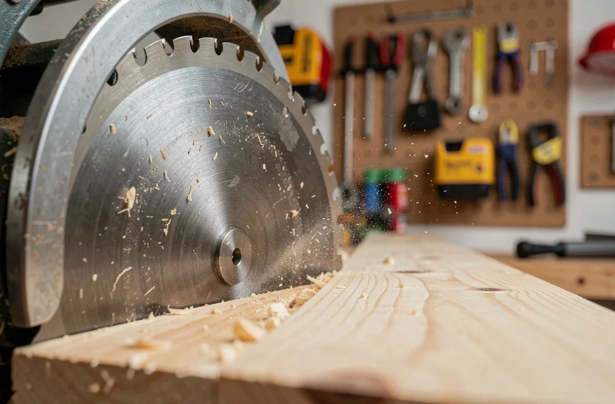 Gros plan sur la lame d'une scie radiale en train de couper une planche de pin avec projection de sciure