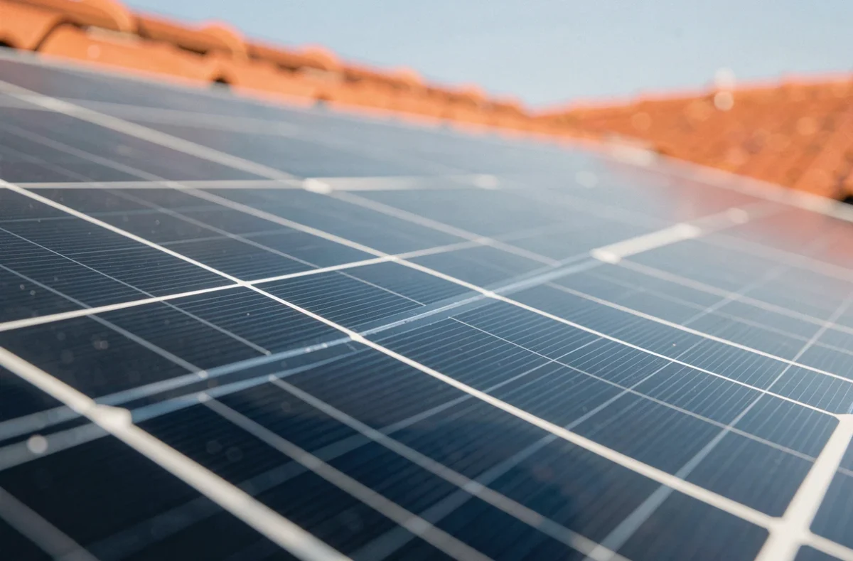Gros plan sur la surface d'un panneau solaire monocristallin installé sur un toit de maison individuelle