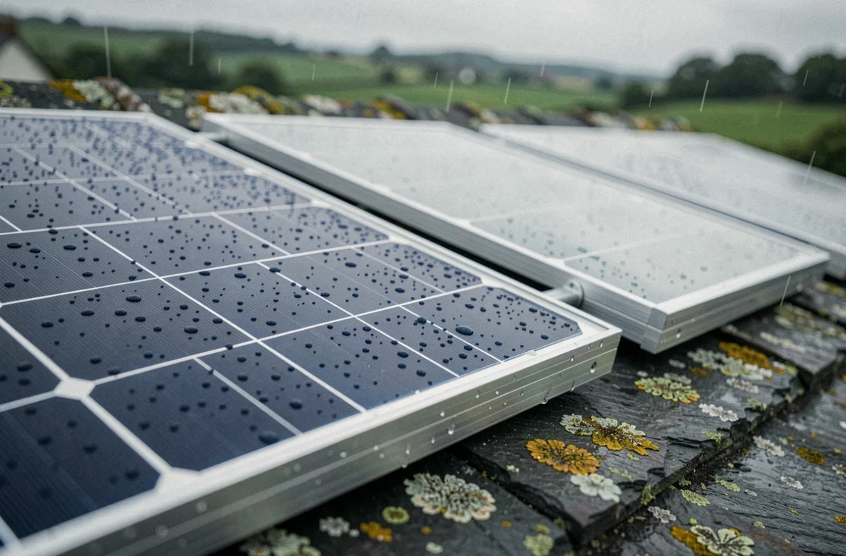 Gros plan sur des panneaux solaires mouillés sous la pluie bretonne avec des gouttes d'eau sur la surface photovoltaïque