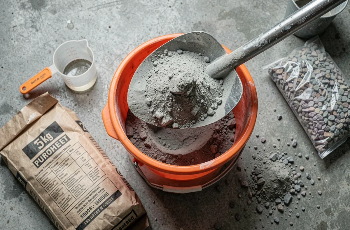 Gros plan sur une pelle remplie de ciment sec au-dessus d'un seau de dosage pour préparer du béton maison
