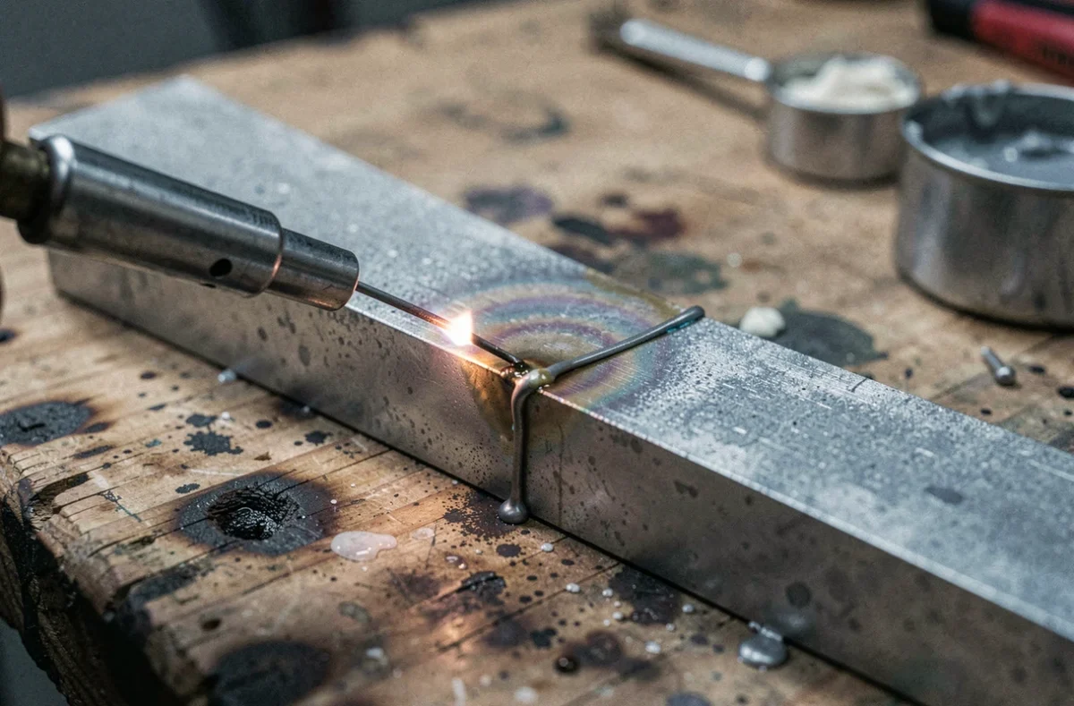Gros plan sur un joint de soudure au zinc avec chalumeau et fil d'apport de soudure