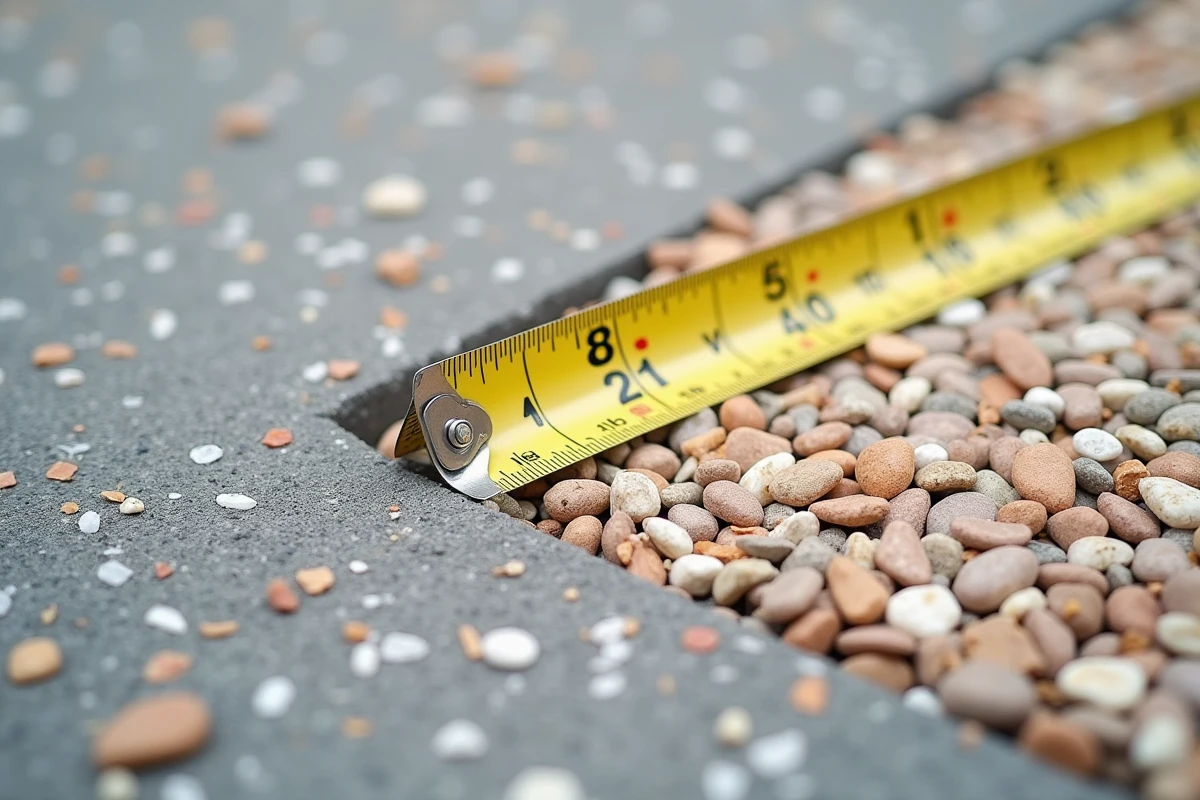 Gros plan sur la texture d'une surface en béton désactivé avec agrégats multicolores et mètre ruban pour estimation du coût au m²