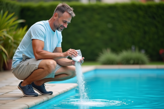 Homme versant du sel dans une piscine de jardin en été