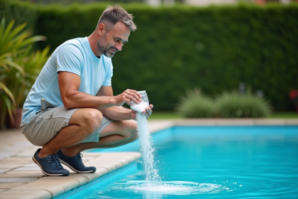Homme versant du sel dans une piscine de jardin en été
