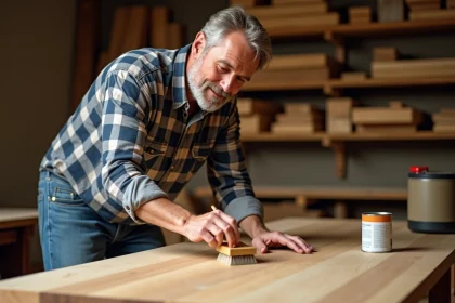 Homme appliquant de l'huile de lin sur un bois neuf