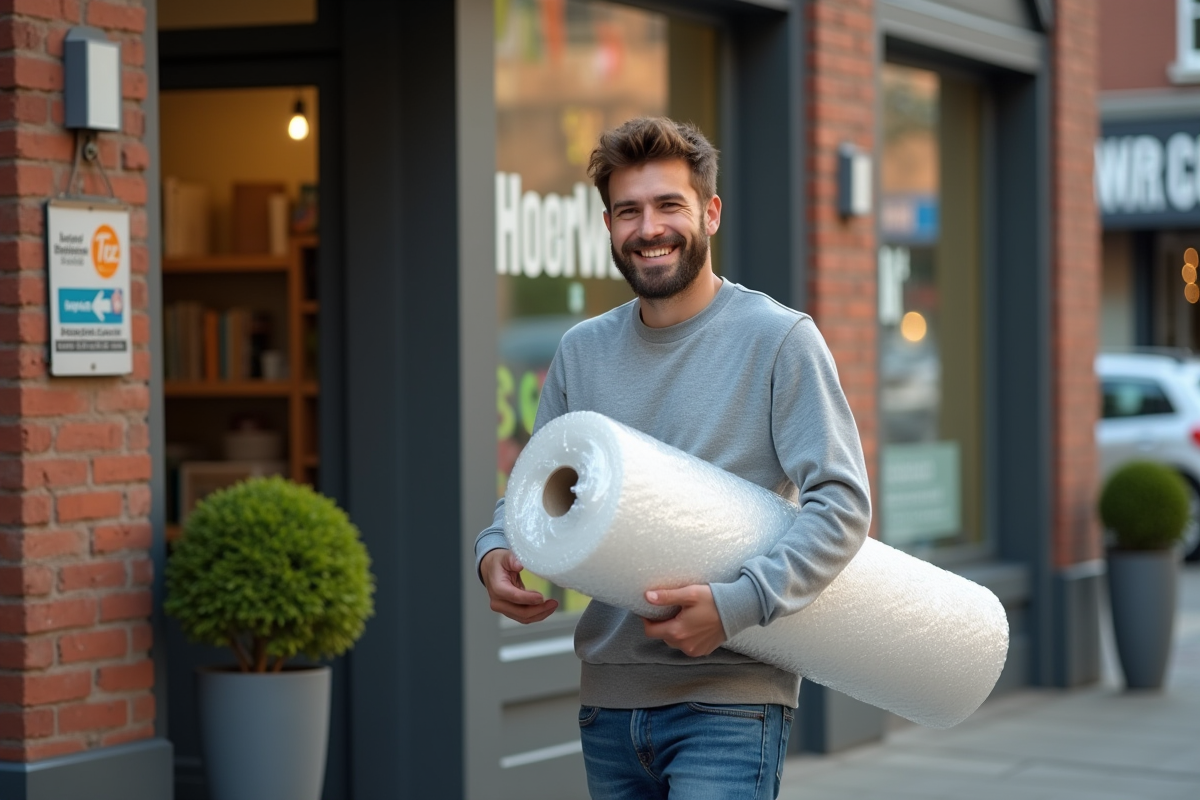 Jeune homme avec rouleau de bulle dans une rue commerçante
