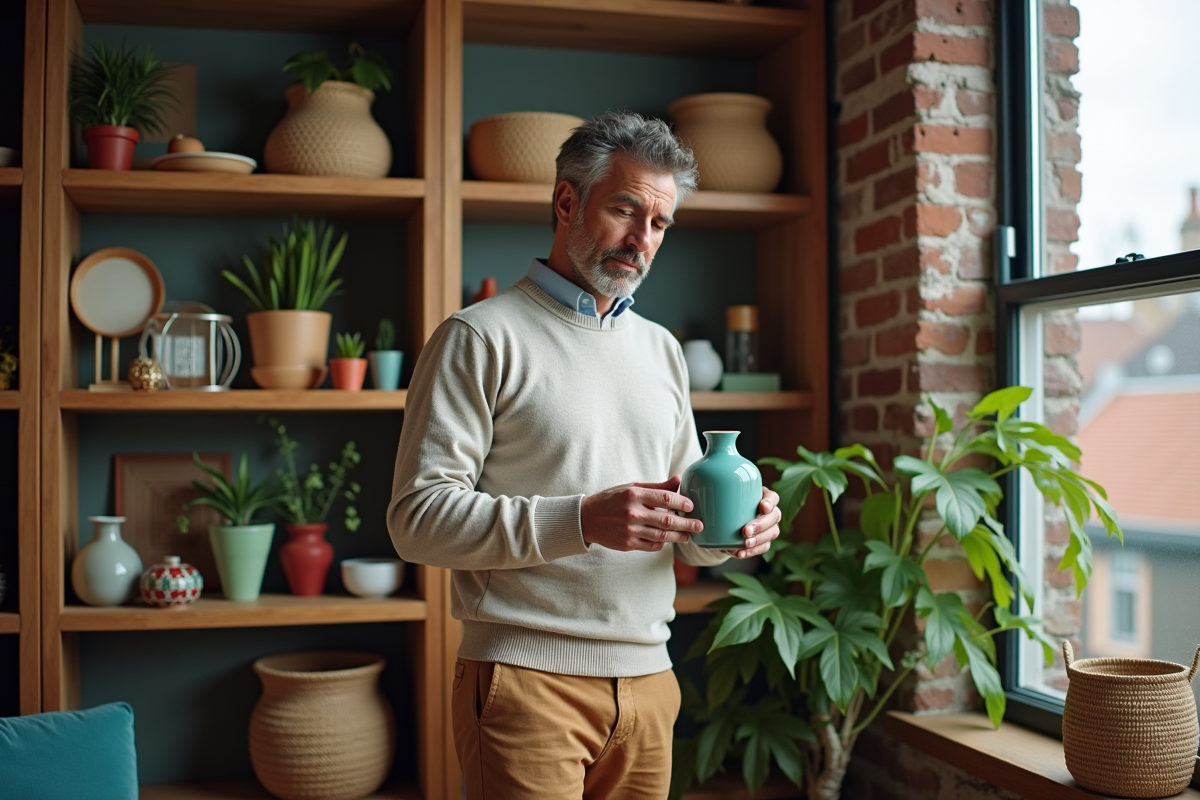 Homme dans un bureau cosy tient une lampe en céramique turquoise