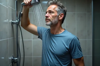 Homme d'&acirc;ge moyen ajustant la douche dans une salle de bain moderne