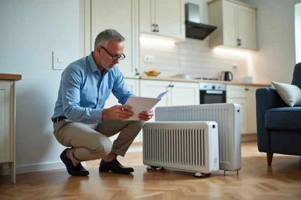 Homme moyenâgeux examine un chauffage électrique dans un salon