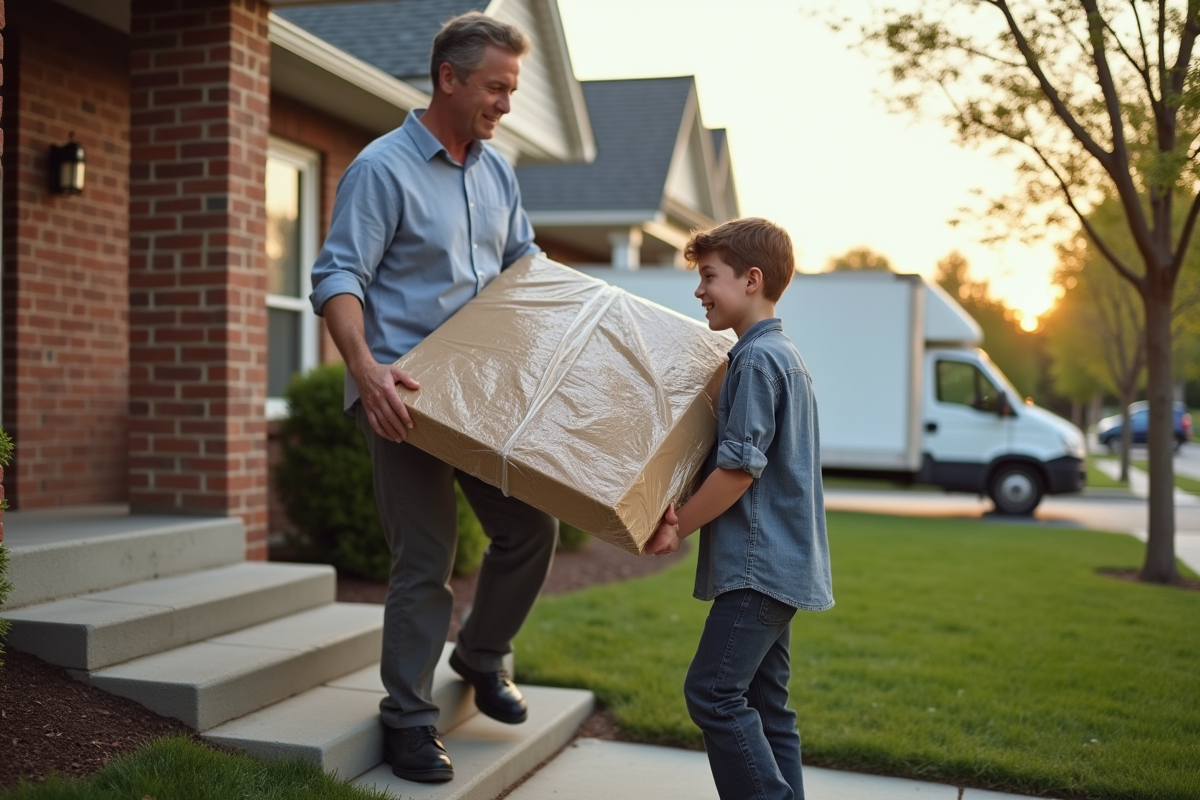 Homme et adolescent portant une peinture devant une maison