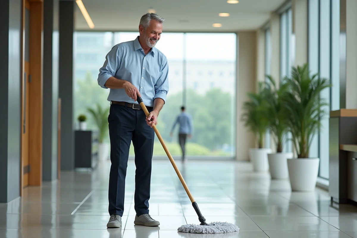 Homme d affaires utilisant un balai ergonomique dans un hall d office