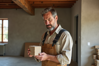 Homme contemplant un mur en hempcrete dans un loft moderne