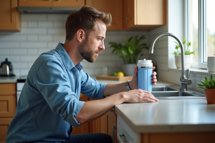 Homme vérifiant un filtre à eau moderne dans la cuisine