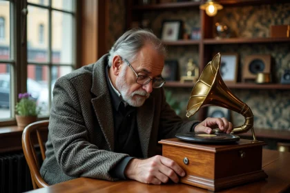 Homme d'âge moyen examinant un gramophone ancien dans une boutique vintage