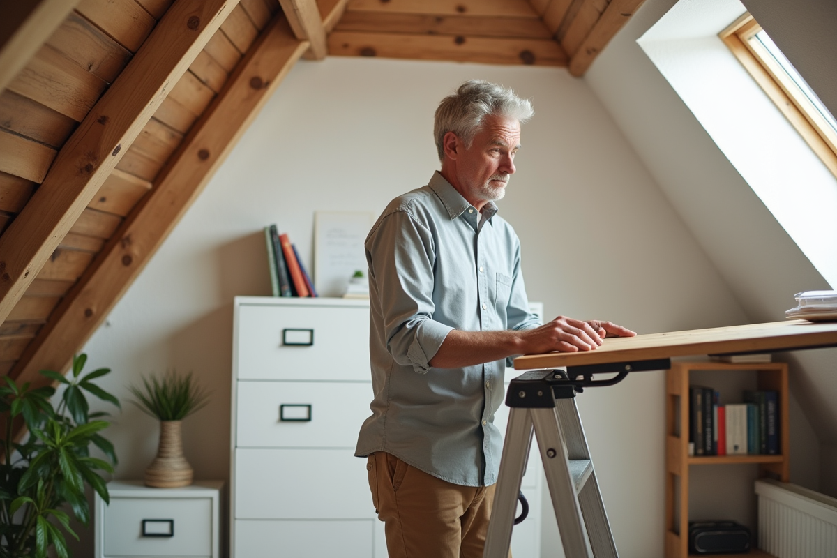Homme installant un bureau pliant dans un grenier lumineux