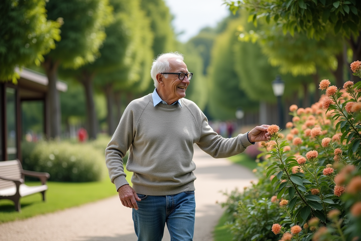 Homme âgé marchant dans un jardin public fleuri et verdoyant