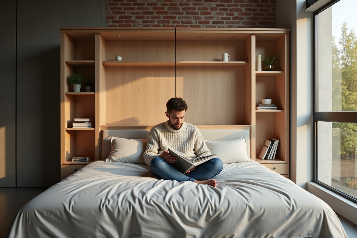 Homme dans un loft urbain avec tête de lit intégrée