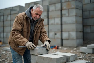 Homme en vêtements de chantier mesurant des blocs de béton