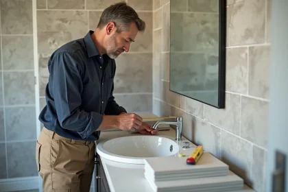 Hommes mesurant un mur de salle de bain en r&eacute;novation