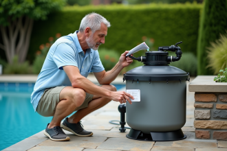 Homme en été vérifiant un filtre sable de piscine