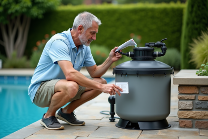 Homme en été vérifiant un filtre sable de piscine