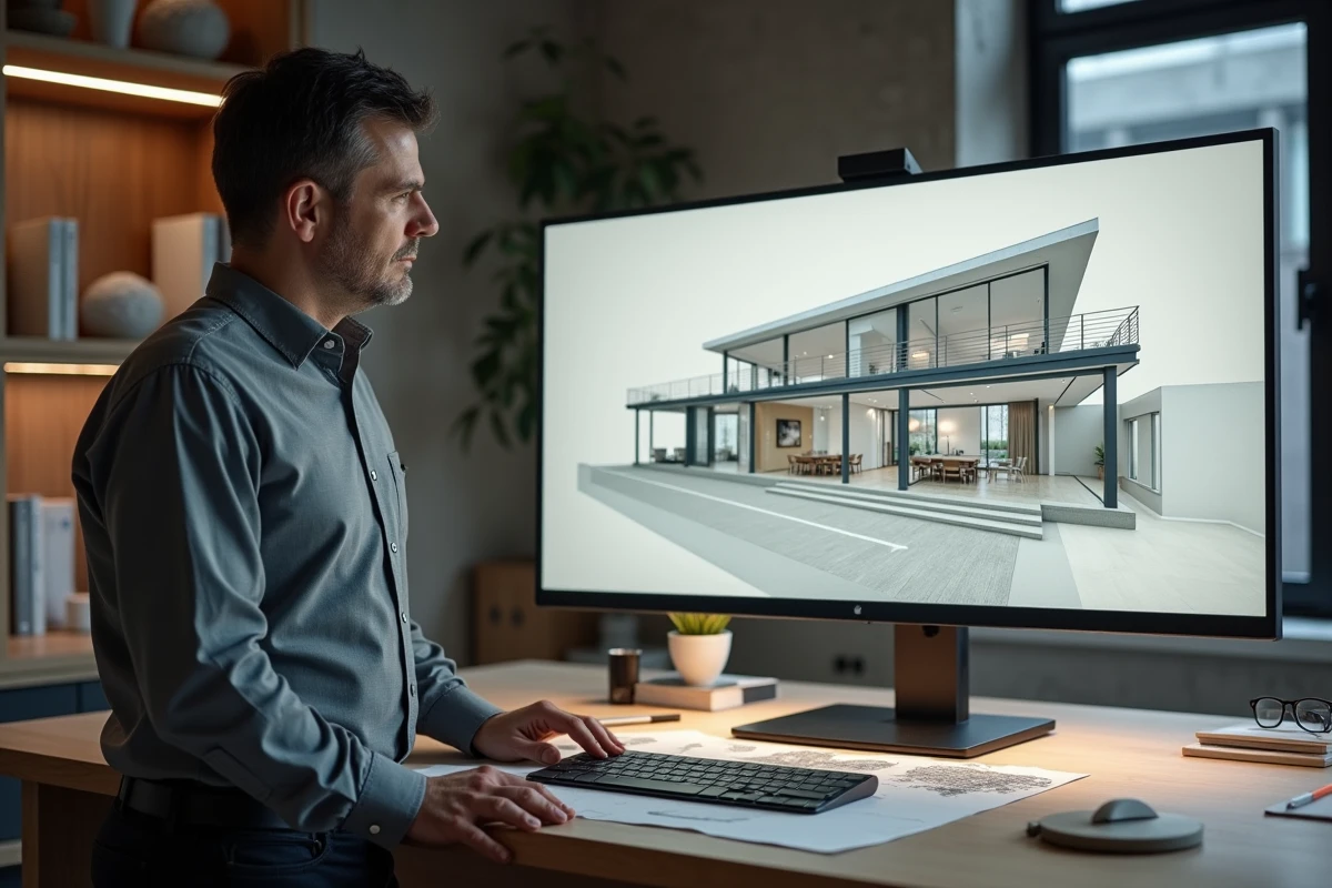 Homme analysant plan 3D dans un bureau moderne