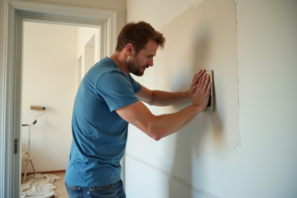 Homme d'âge moyen ponçant un mur intérieur en rénovation