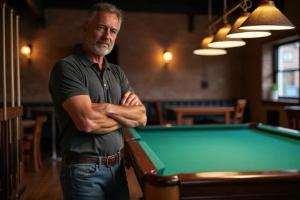 Homme d'&acirc;ge moyen &eacute;tudie une table de billard dans un salon &eacute;l&eacute;gant