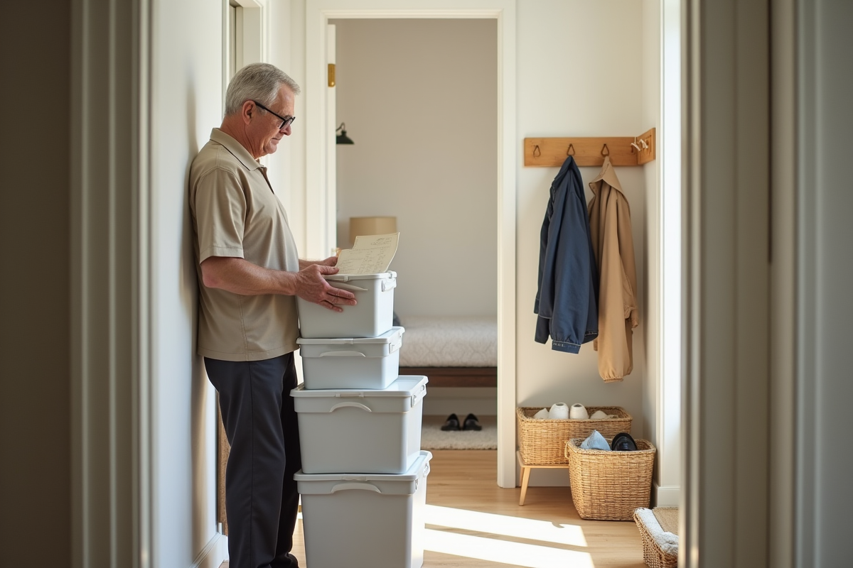 Homme rangeant des boîtes de rangement dans un couloir lumineux