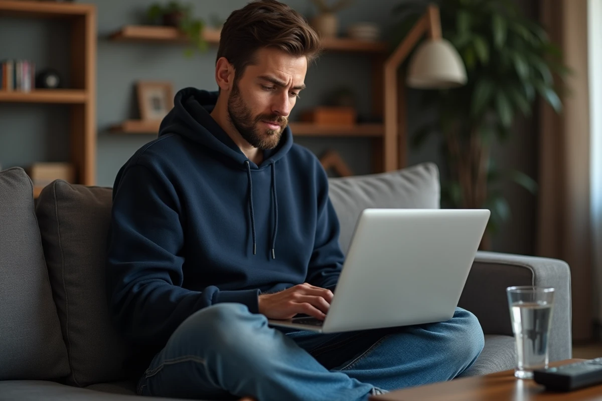 Homme lisant des avis consommateurs sur un chauffage rapide portable sur son ordinateur portable dans un salon