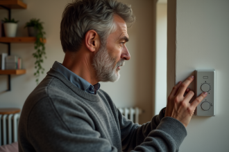 Homme d'âge moyen réglant le thermostat dans un salon cosy