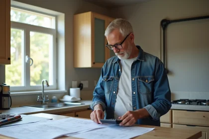 Homme d'âge moyen avec calculatrice dans une cuisine en rénovation