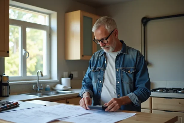 Homme d'âge moyen avec calculatrice dans une cuisine en rénovation