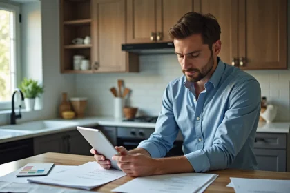 Homme d'&acirc;ge moyen v&eacute;rifiant factures de r&eacute;novation