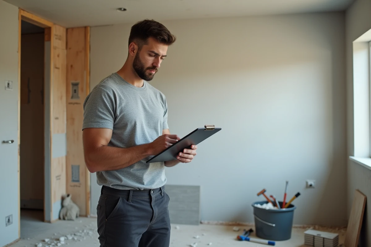 Homme consultant une liste de travaux dans un salon en cours de rénovation pour maîtriser son budget