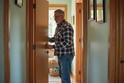 Homme d'&acirc;ge moyen examine une porte en bois avec charni&egrave;res apparentes