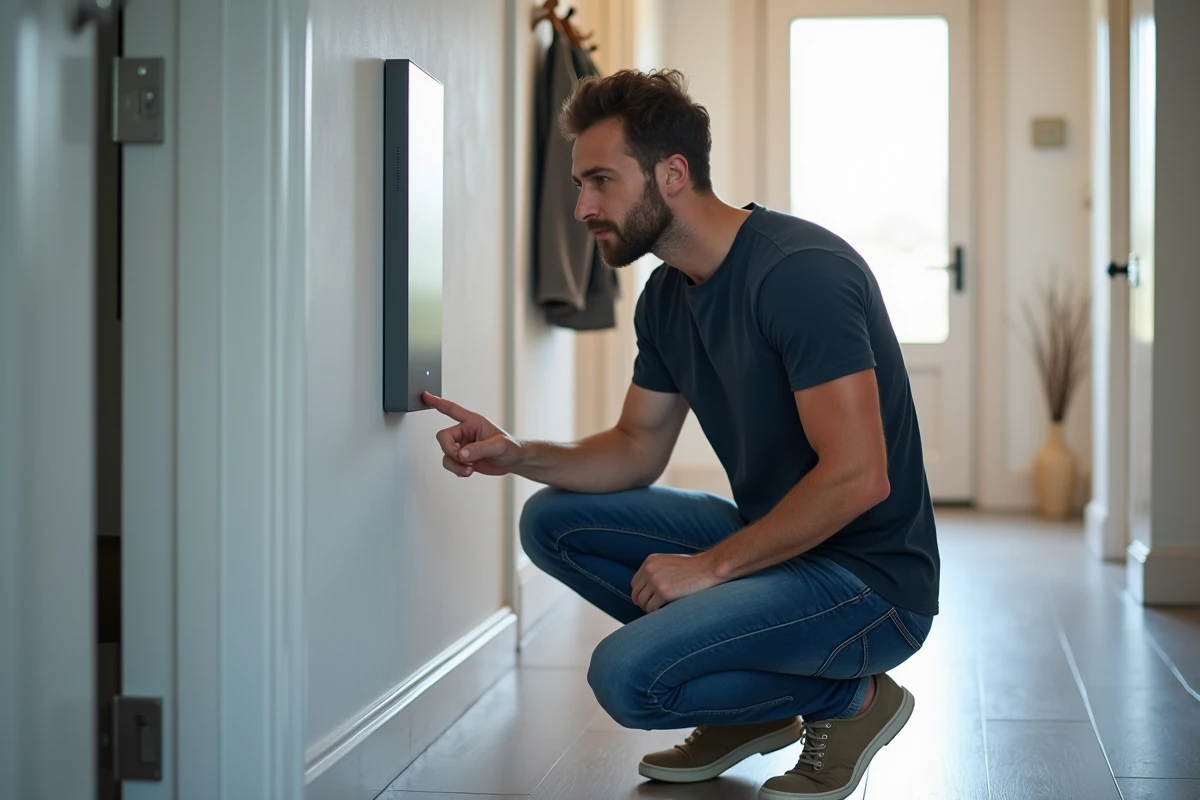 Homme inspectant un panneau de sécurité connecté installé dans le couloir d'une maison pour renforcer son assurance habitation