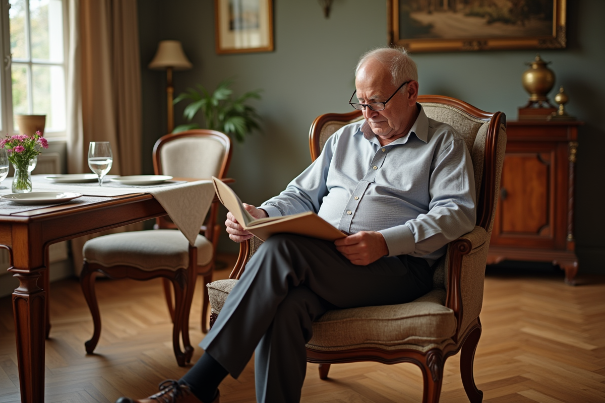 Homme âgé lisant un échantillon de parquet dans une salle à manger élégante